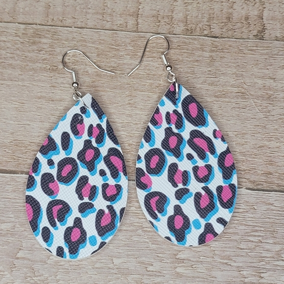 Jewelry - Pink and Blue Leopard Faux Leather Earrings